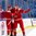 BUFFALO, NEW YORK - JANUARY 4: Belarus' Ilya Litvinov #9 celebrates his game-tying power play goal in the third period against Denmark with teammate Vladislav Yeryomenko #8 during the relegation round of the 2018 IIHF World Junior Championship. (Photo by Andrea Cardin/HHOF-IIHF Images)

